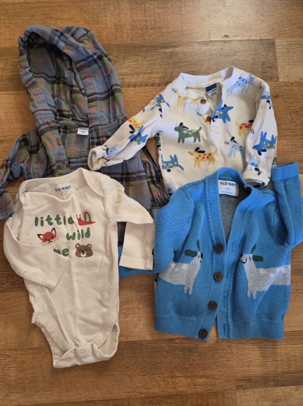 Old Navy Baby Boy Lot - Cardigan, Romper, Bodysuit - Blue, Plaid, Dog, Wild